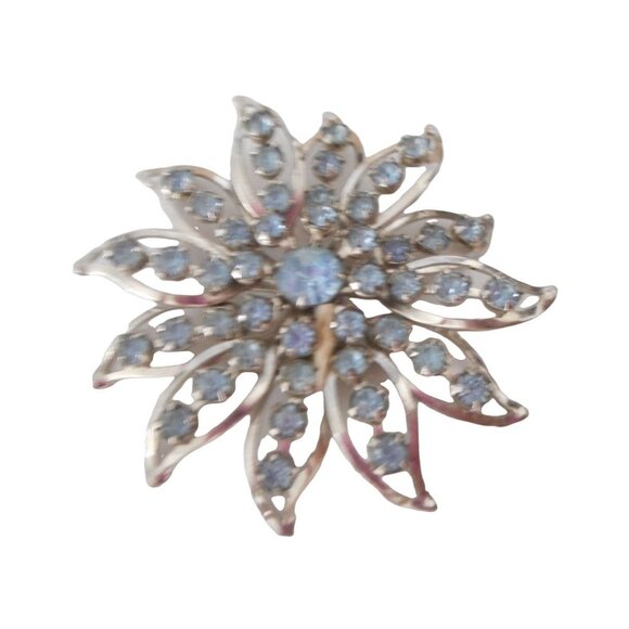 unknown Jewelry - Vintage Estate Costume Floral Blue Rhinestone Silver Brooch Pin